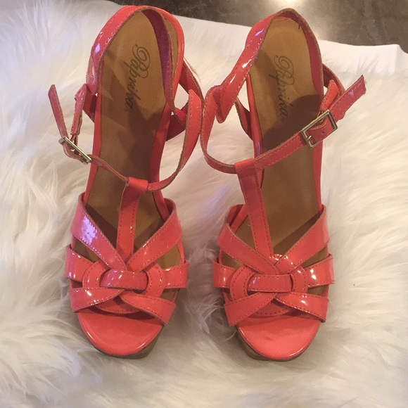 Paprika Peach Patent Open Toe Heels - Picture 2 of 6